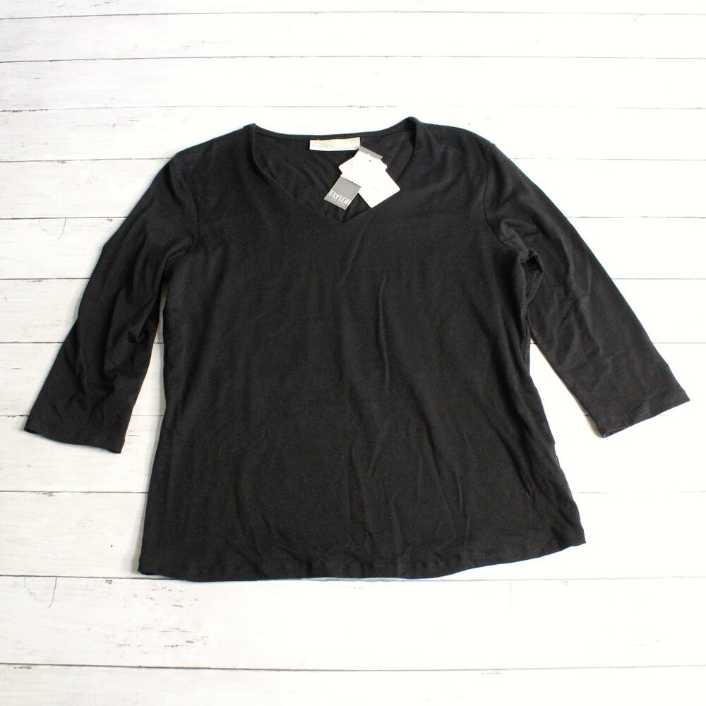 Taylor Brooke Vintage Women's Casual Black Top Size Med 3/4 Sleeve V Neck